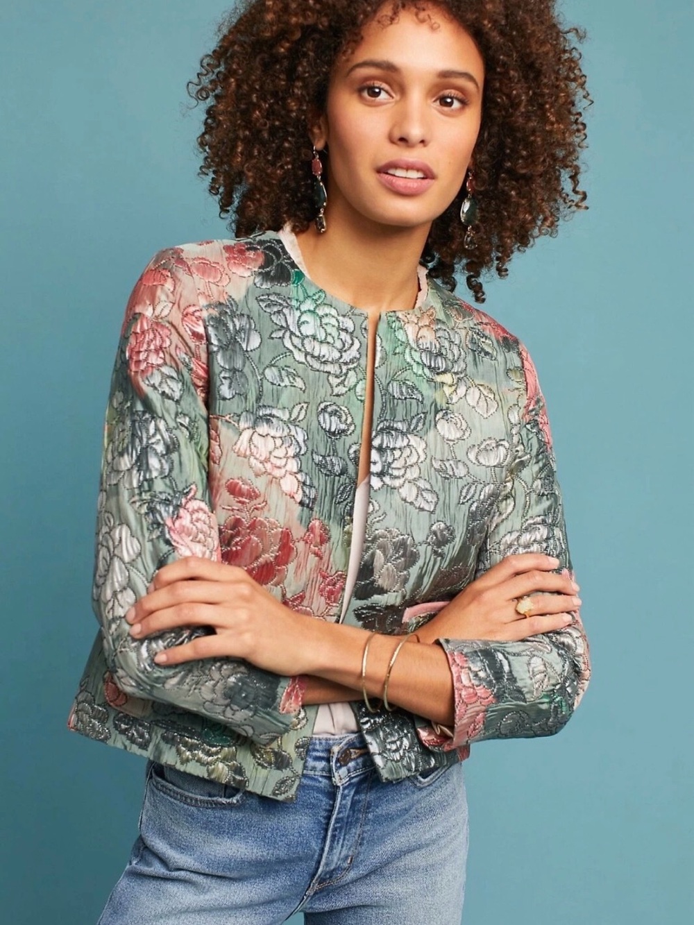 Ellie Mae Anthropologie Martina Floral Metallic Jacquard Quilted Jacket